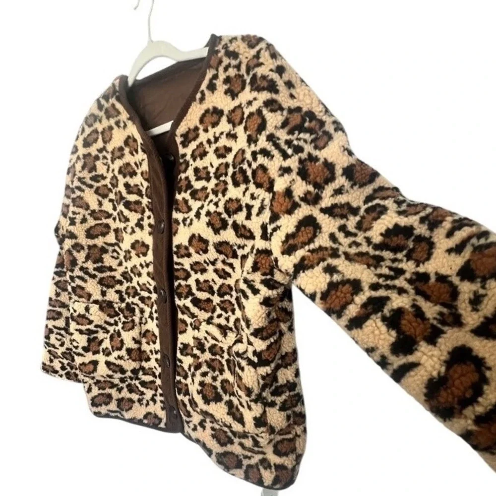 Trendy Leopard‎ Print Faux Fur Jacket Button Down Corduroy Trim Coat